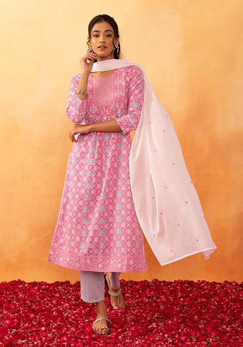 Pink Batik Print Cotton Kurta With Pants And Dupatta (Set of 3)