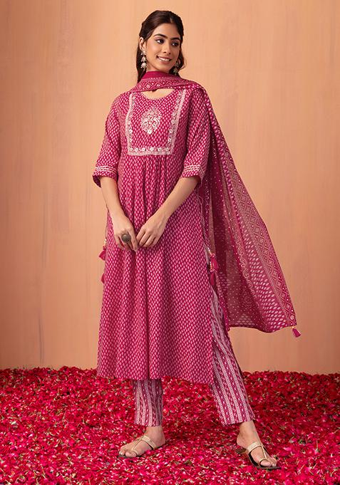 Pink Leaf Print Muslin A-Line Kurta With Pants And Dupatta (Set of 3)