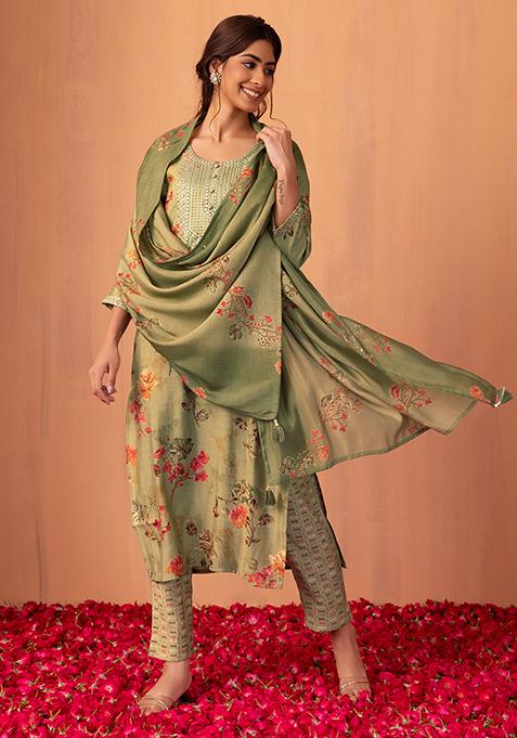 Green Floral Print Muslin Kurta With Printed Pants And Dupatta (Set of 3)