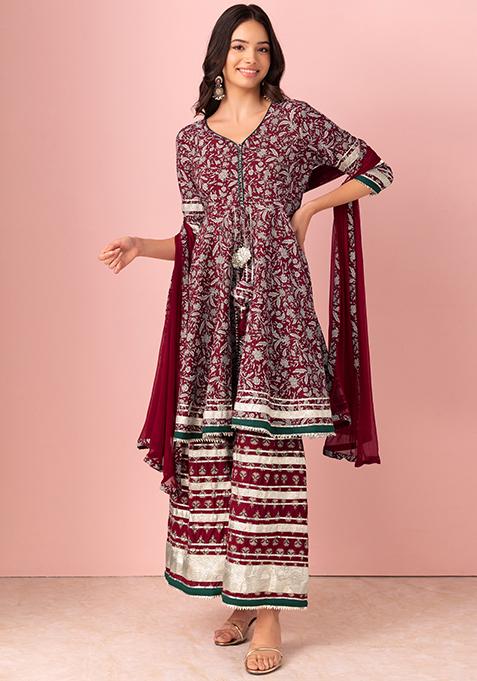Maroon Floral Print Cotton Sharara With Kurta And Dupatta (Set of 3)