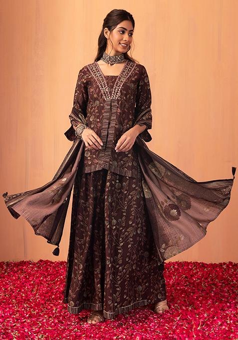 Brown Floral Print Muslin Sharara With Short Kurta And Dupatta (Set of 3)