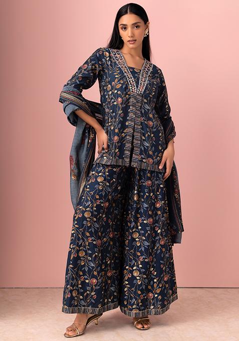 Blue Floral Print Muslin Sharara With Short Kurta And Dupatta (Set of 3)