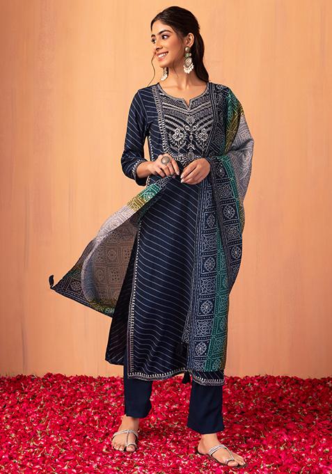 Blue Striped Embroidered Muslin Kurta With Pants And Dupatta (Set of 3)