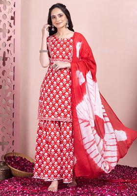 Red - Cotton Indonesian Hand Batik Print Kurta Set (Set of 3) 09