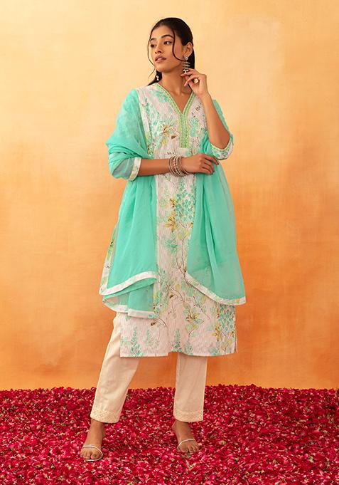 Ivory And Turquoise Botanical Print Cotton Kurta With Pants And Dupatta (Set of 3)