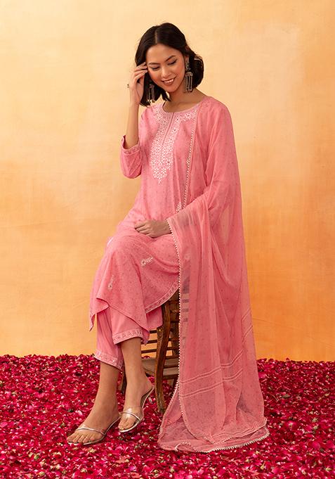 Peach Embroidered Rayon Kurta With Pants And Dupatta (Set of 3)