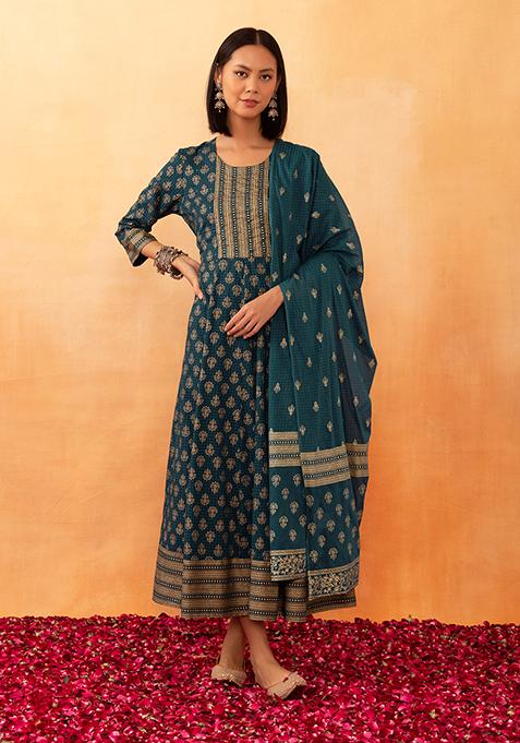 Teal Blue Floral Foil Print Rayon Anarkali Kurta And Dupatta (Set of 2)