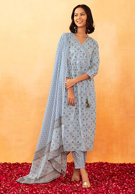 Buy Women Light Blue Floral Print Cotton Angrakha Kurta With Pants And