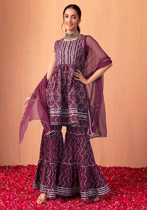 Purple Floral Boota Print Cotton Sharara With Kurta And Dupatta (Set of 3)