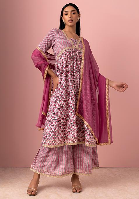 Pink Batik Print Muslin A-Line Kurta With Pants And Dupatta (Set of 3)