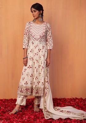Pink Floral Print Cotton  Kurta, Trouser & Dupatta