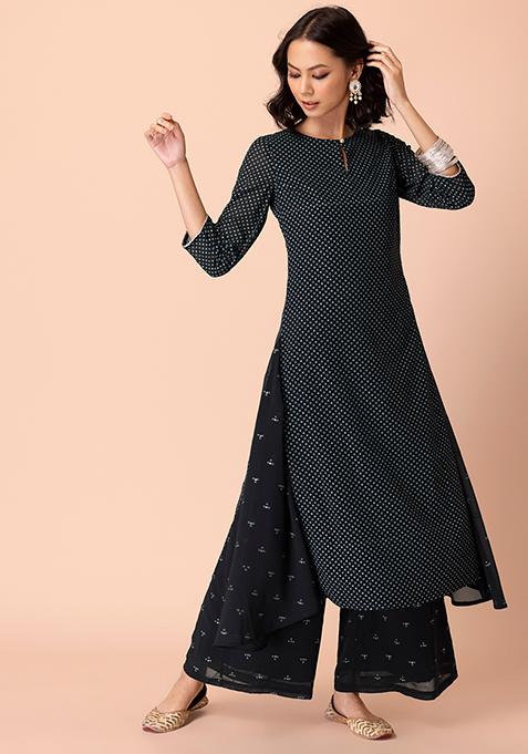 Black Bandhani Print A-Line Kurta And Pants Set
