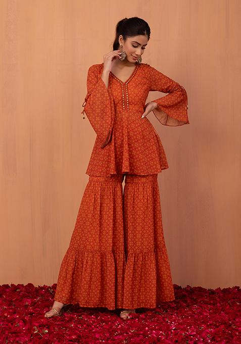 Orange Mosaic Print Tiered Sharara And Short Kurta (Set of 2)
