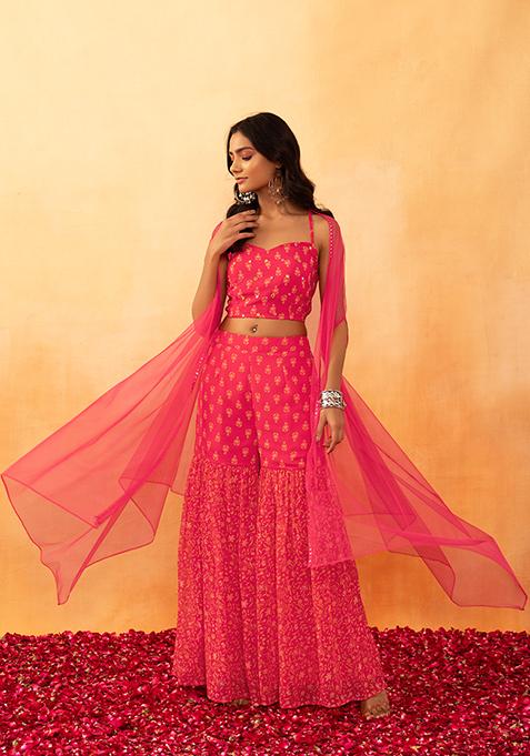 Hot Pink Jacket With Floral Print Crop Top And Sharara (Set of 3)