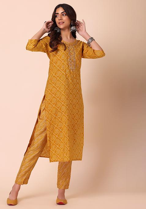 Yellow Chanderi Kurta With Pants (Set of 2)