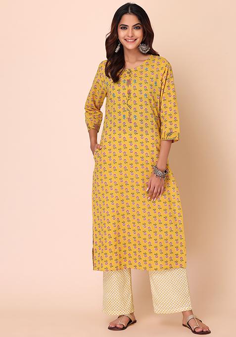 Yellow Block Print Cotton Kurta With Pants (Set of 2)