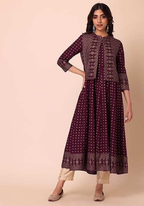 Maroon Printed Rayon Anarkali With Collared Jacket (Set of 2)