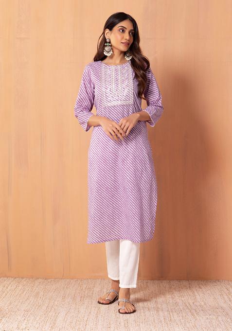 Lilac Leheriya Print Embroidered Cotton Kurta With Pants (Set of 2)  