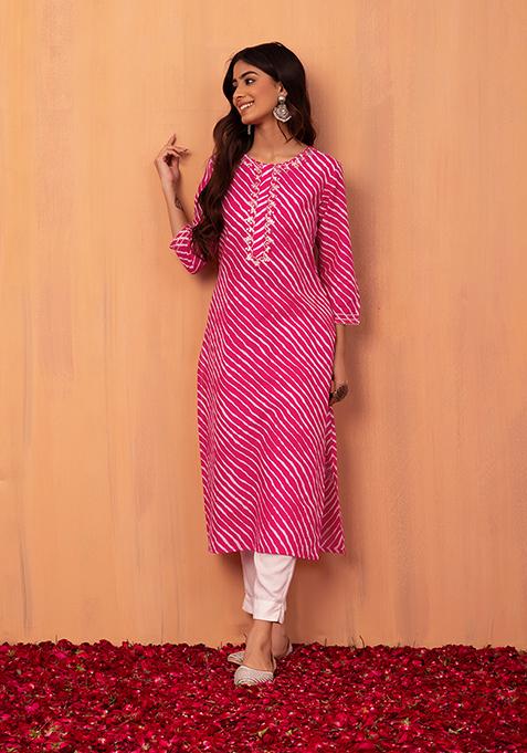 Pink Leheriya Print Embroidered Cotton Kurta With Pants (Set of 2)  