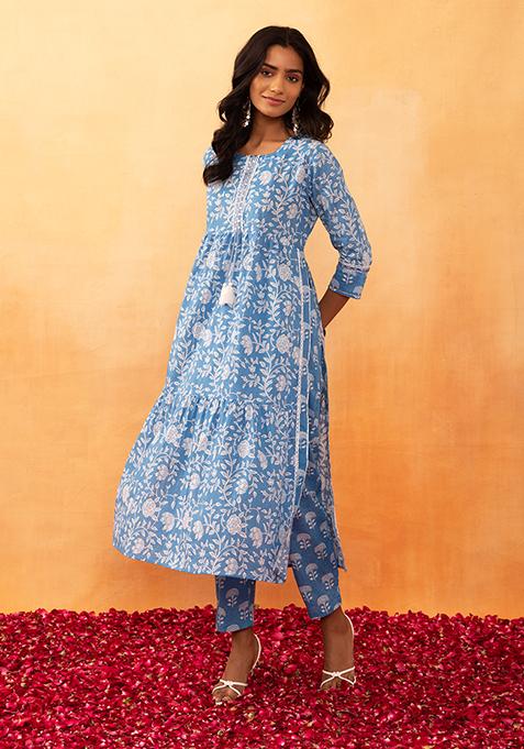 Blue Floral Print Cotton Kurta With Pants (Set of 2)