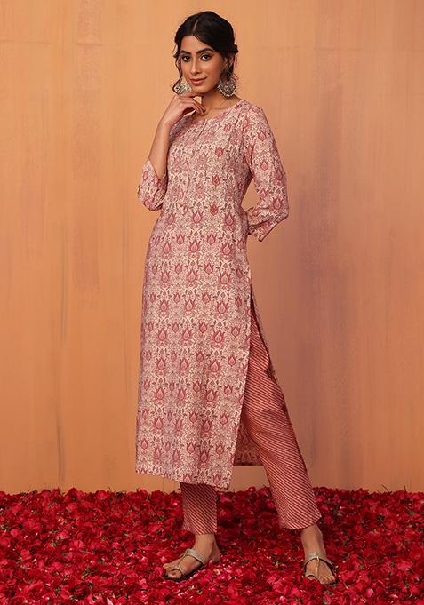 Peach Floral Print Muslin Straight Kurta And Pants (Set of 2)