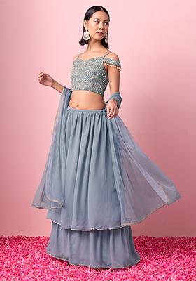 Light Blue Layered Lehenga With Embroidered Blouse And Dupatta (Set of 3)