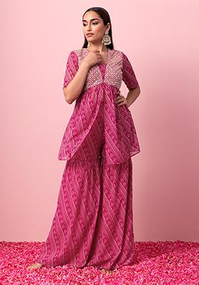 Pink Floral Stripe Print Sharara And Embroidered Kurta (Set of 2)