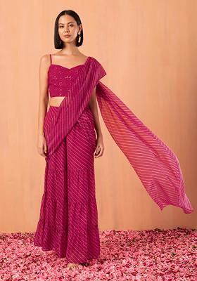 Hot Pink Leheriya Print Sharara With Embroidered Blouse And Attached Drape (Set of 2)