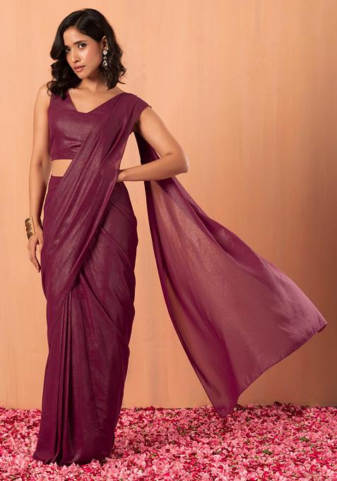 Purple Shimmer Pre-Stitched Saree With Blouse And Belt (Set of 3)