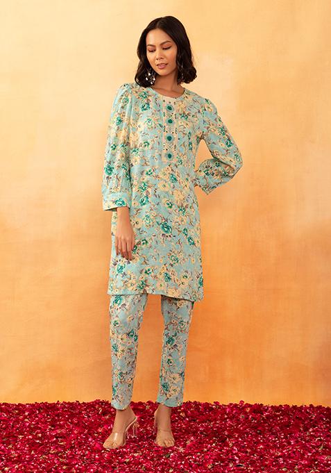 Light Blue Floral Jaal Print Rayon Kurta And Printed Pants (Set of 2)