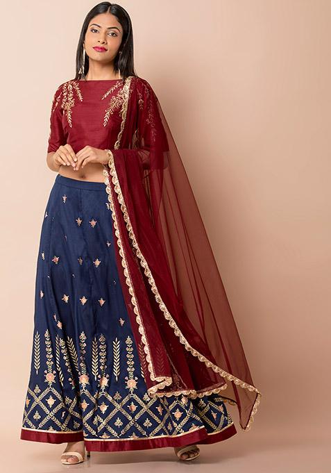 Maroon Scallop Lace Net Dupatta