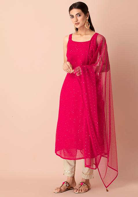 Hot Pink Foil Tasselled Dupatta 
