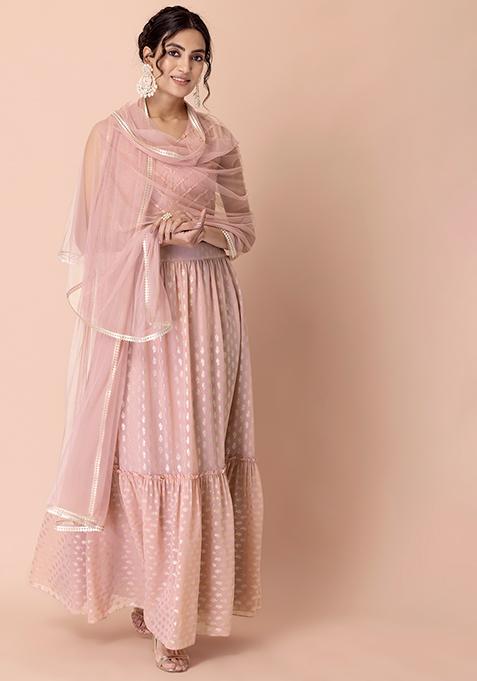 Peach Lace Mesh Dupatta 
