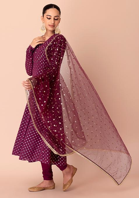 Maroon Sequin Mesh Dupatta 