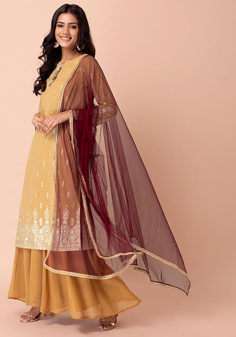 Maroon Lace Detail Mesh Dupatta