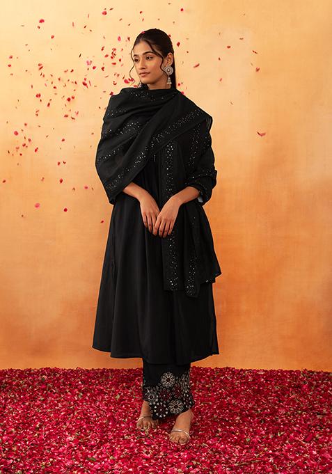 Grey Sequin Embroidered Chanderi Dupatta 