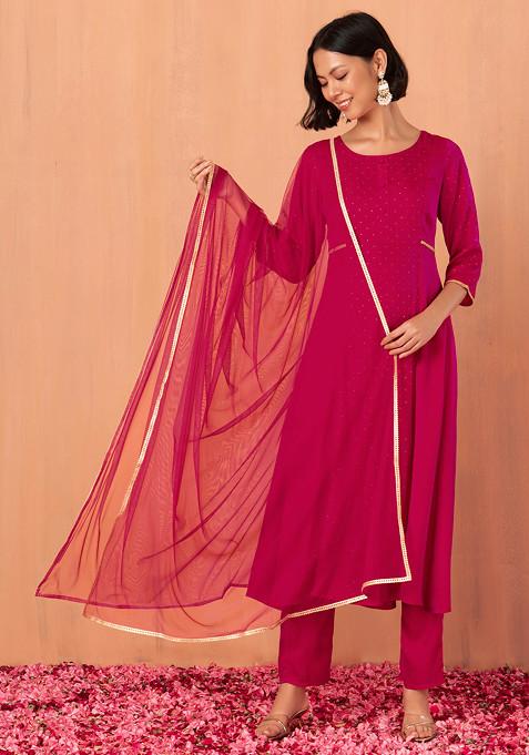 Hot Pink Solid Mesh Dupatta
