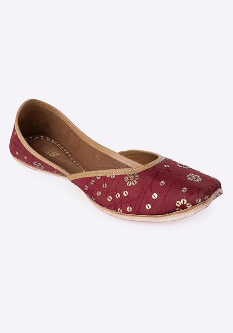 Wine Sequin Floral Embroidered Jutti 