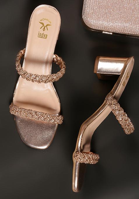 Rose Gold Braided Strap Block Heels