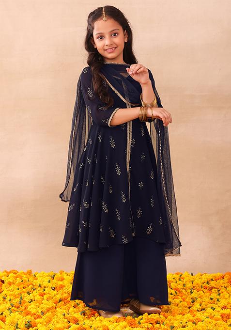 Navy Blue Foil Print Flared Kurta With Pants And Dupatta (Set of 3)