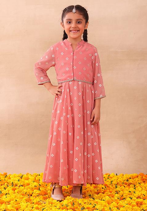Peach Floral Foil Print Kurta And Short Jacket (Set of 2)