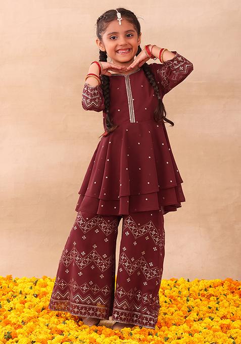Maroon Foil Print Flared Sharara And Short Kurta (Set of 2)