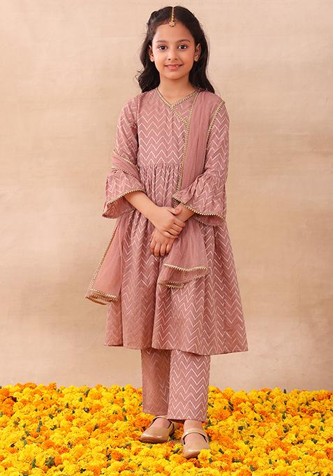 Pink Ikat Print Kurta With Churidar Pants And Dupatta (Set of 3)