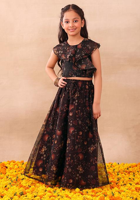 Brown Floral Print Lehenga And Ruffled Blouse (Set of 2)