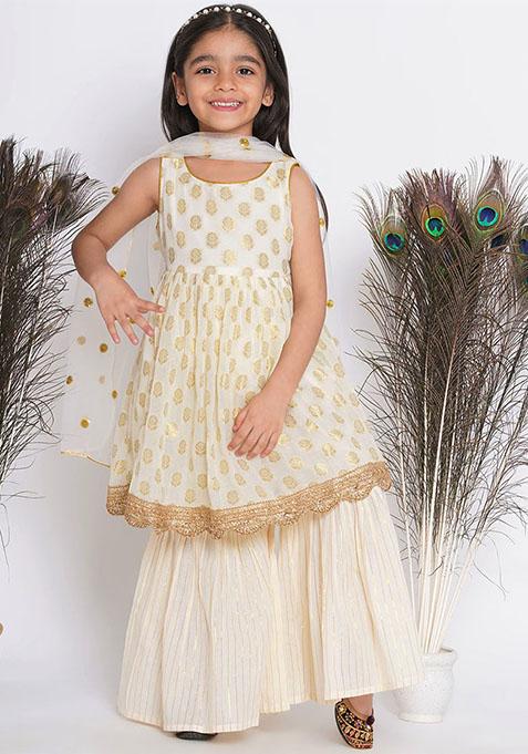 Ivory Striped Sharara With Foil Print Kurta And Dupatta (Set of 3)