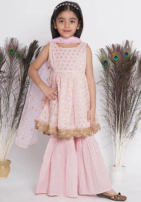 Pink Striped Sharara With Foil Print Kurta And Dupatta (Set of 3)