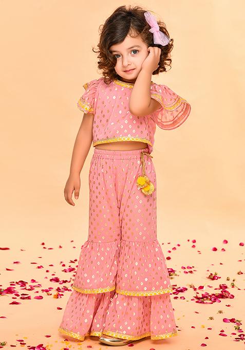 Peach Foil Print Sharara With Blouse (Set of 2)