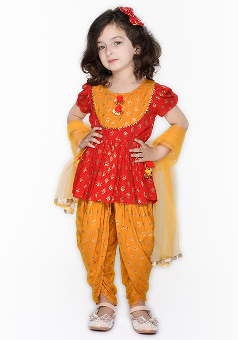 Red Peplum Kurta With Mustard Dhoti Pants And Dupatta (Set of 3)