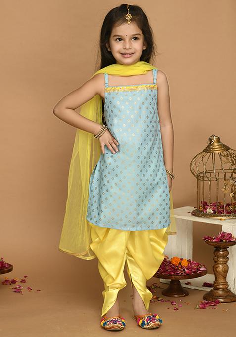 Light Blue Foil Print Kurta With Contrast Dhoti Pants And Dupatta (Set of 3)