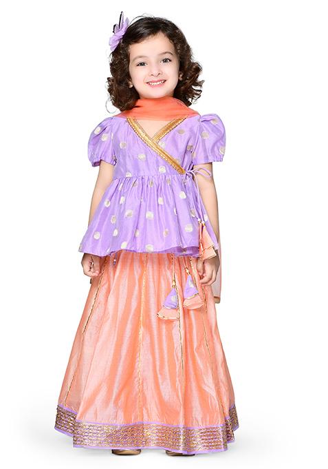 Peach And Mauve Embroidered Jacquard Lehenga With Blouse And Dupatta (Set of 3)